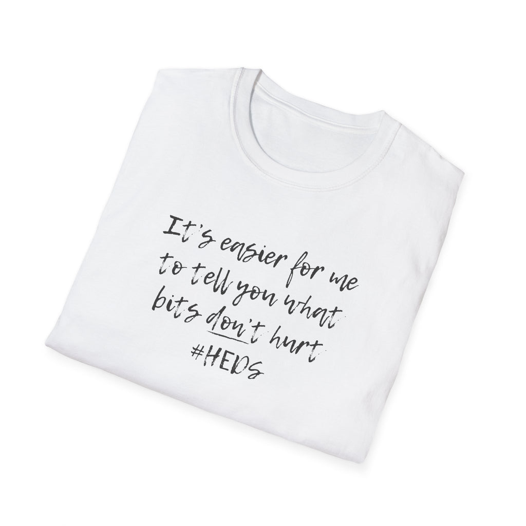 White t-shirt with black text on a white background