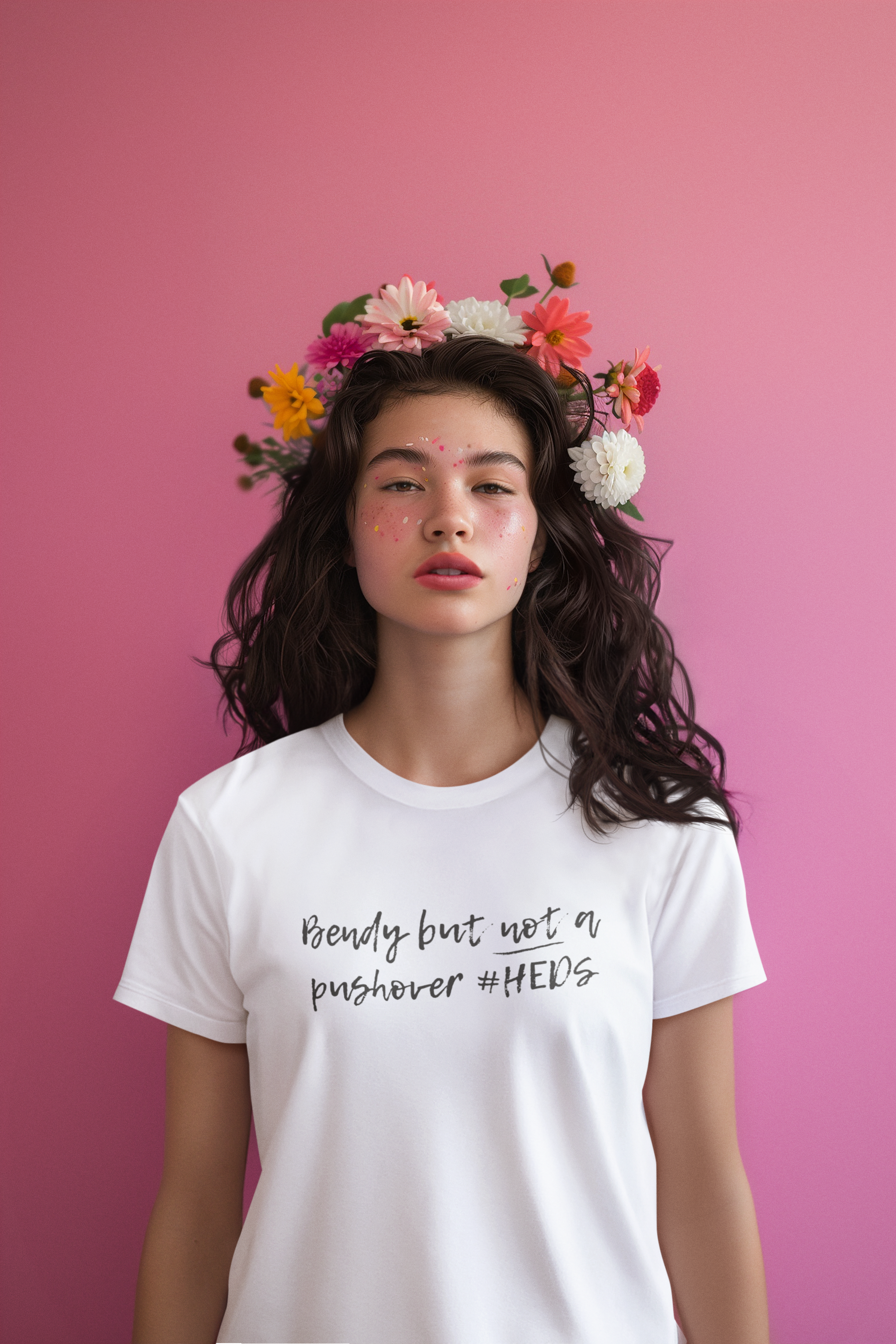 Person wearing a white t-shirt with text and a floral headpiece against a pink background