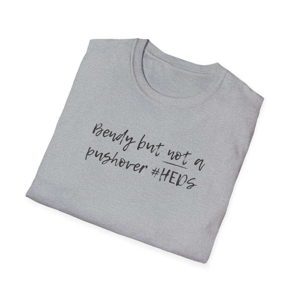 Folded gray t-shirt with text on a white background