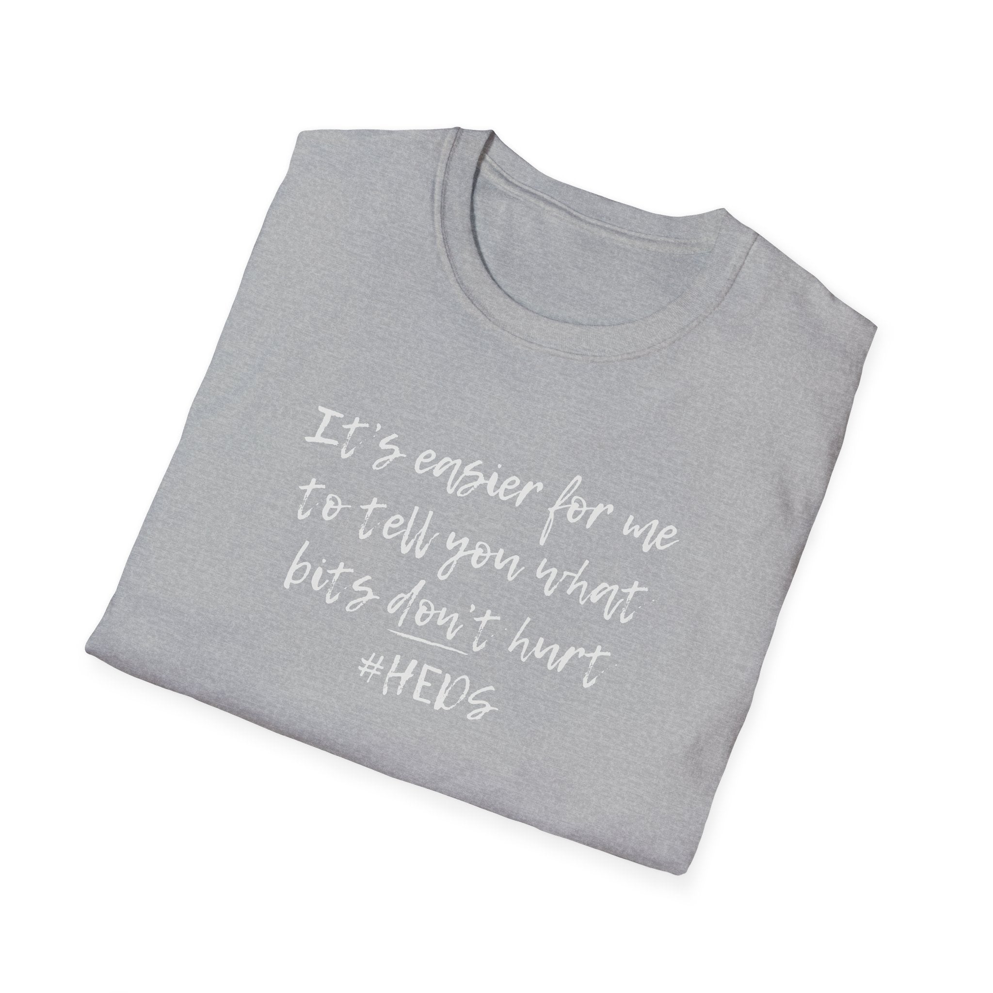 Folded blue t-shirt with #heds quote printed on it against a white background