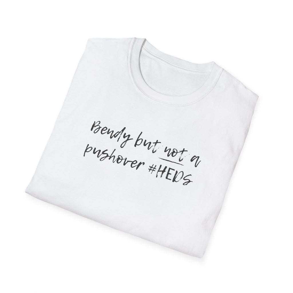 White t-shirt with black text on a white background