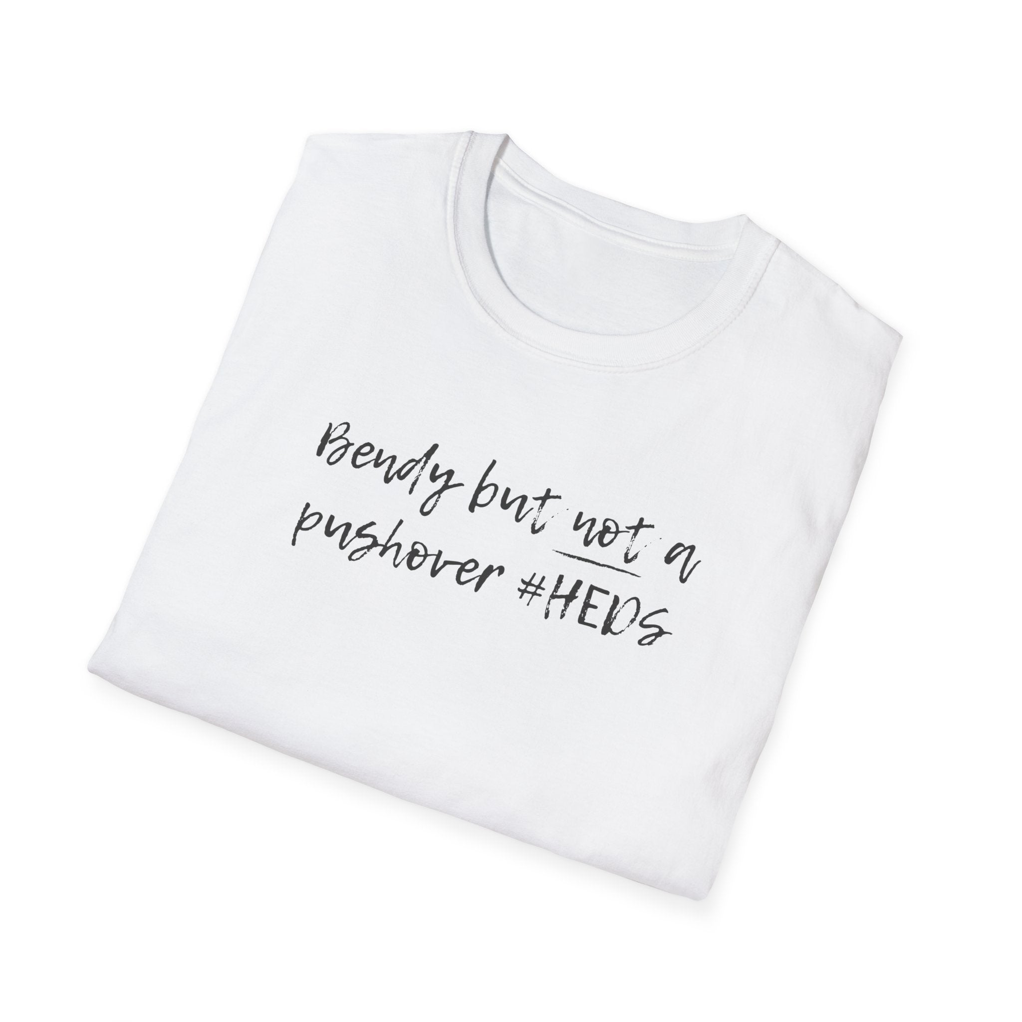 White t-shirt with black text on a white background